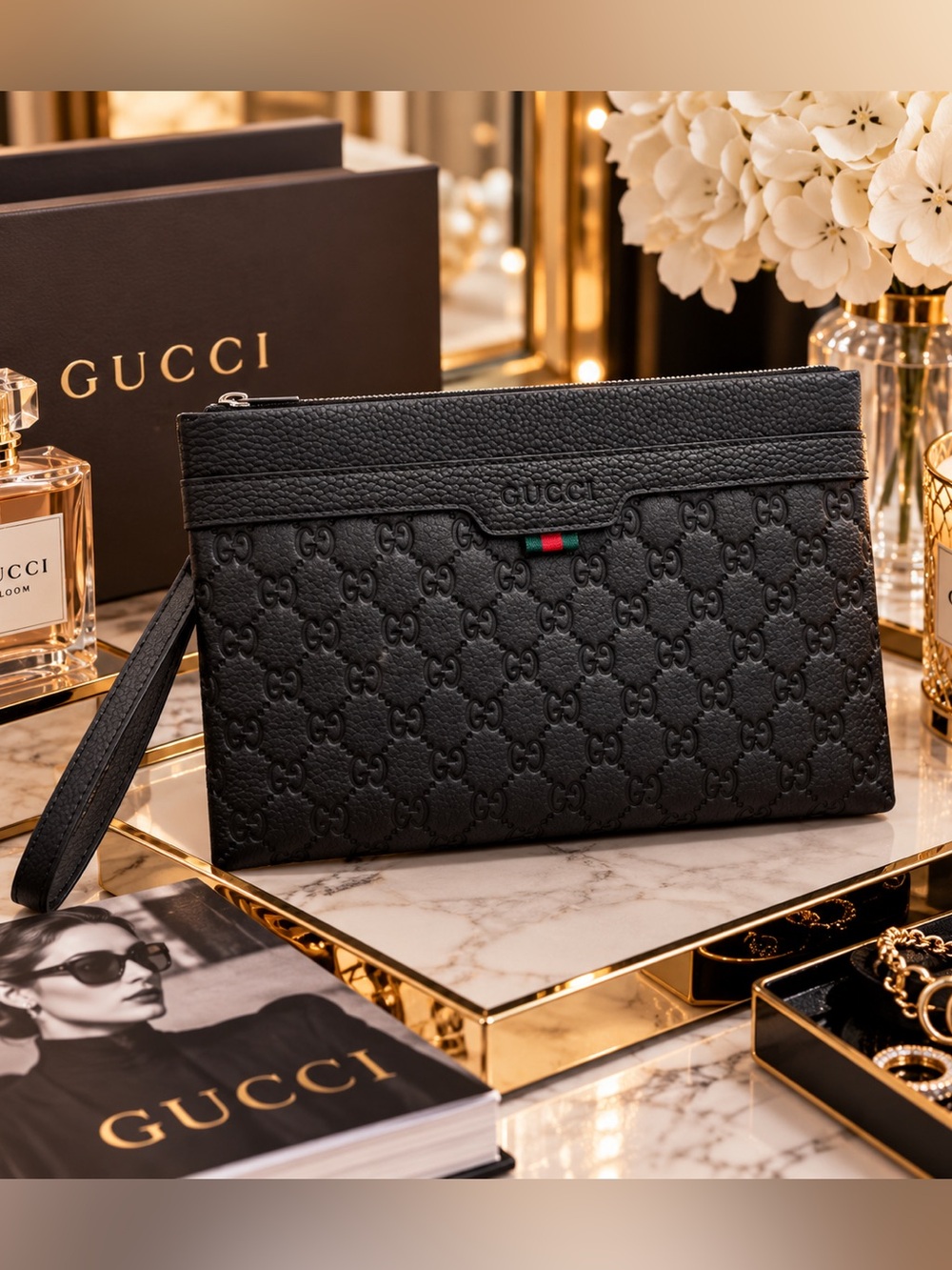 Black Embossed Real Leather Wristlet Clutch – Unisex